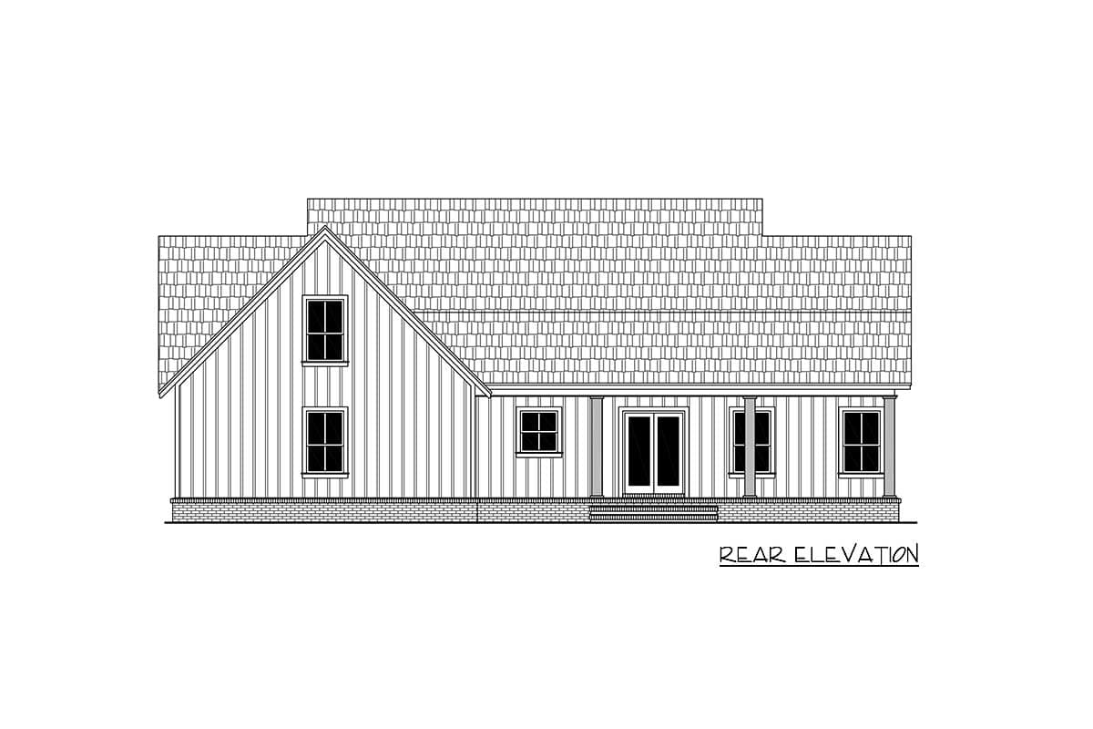 Rear elevation house plan with gable roof, vertical siding, double doors, and porch.