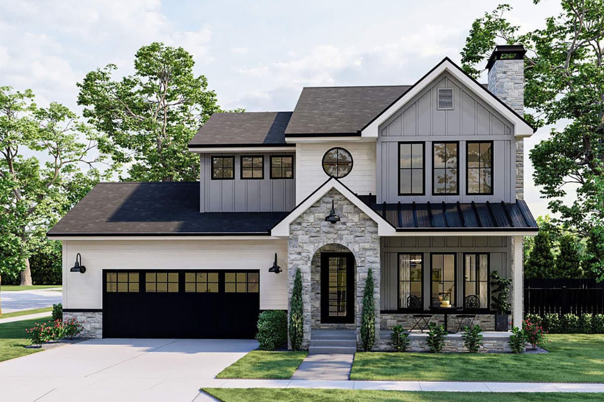 House plan exterior: Modern Farmhouse two-story with gabled roof, stone chimney, board and batten siding, and attached garage.