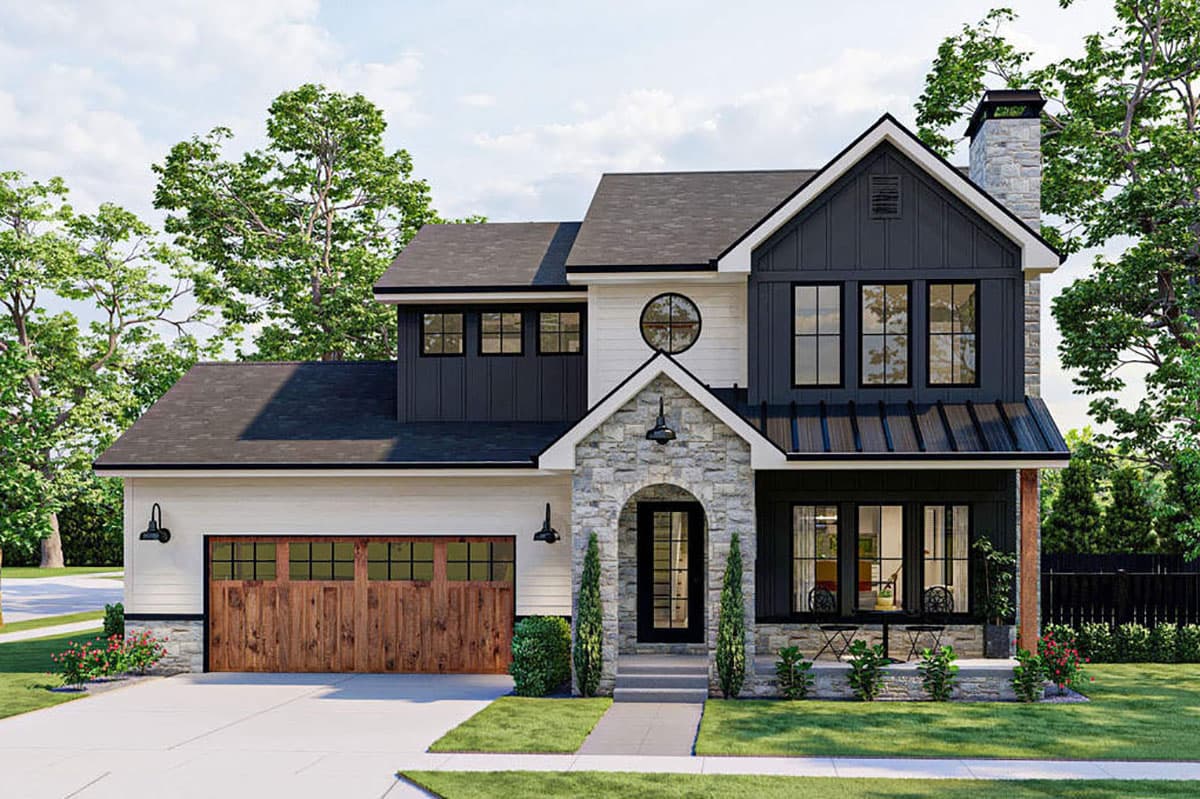 Modern Farmhouse house plan exterior with two stories, stone entryway, wood garage door, and gabled rooflines.