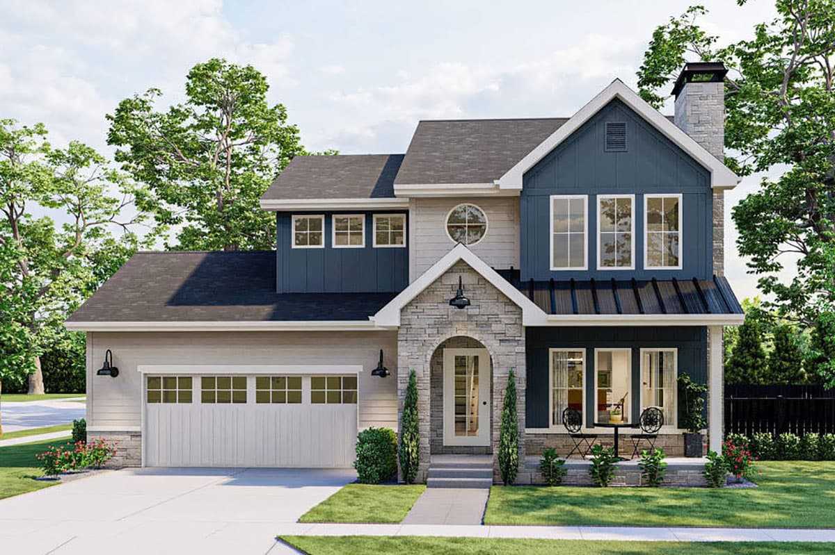 House plan exterior. Two-story Modern Farmhouse with stone accents, a front porch, a gabled roofline, and a detached garage.