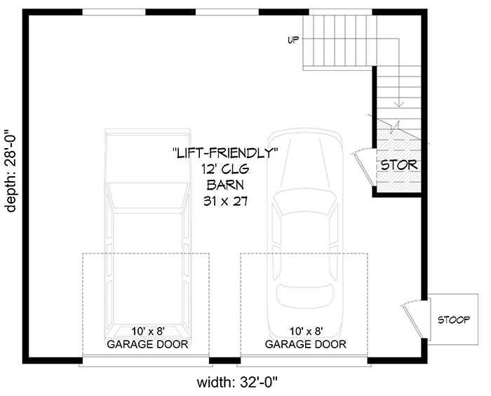 Plan 68741VR: Barn-like Detached Garage with 12' Ceiling and Loft Above - Floor Plan - Main Level