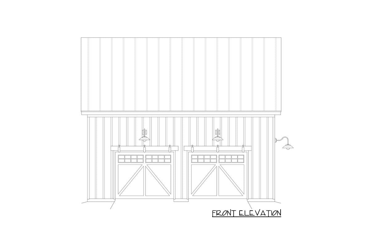 Front elevation drawing of a structure with a standing seam roof and two garage doors with X-bracing and overhead lights.