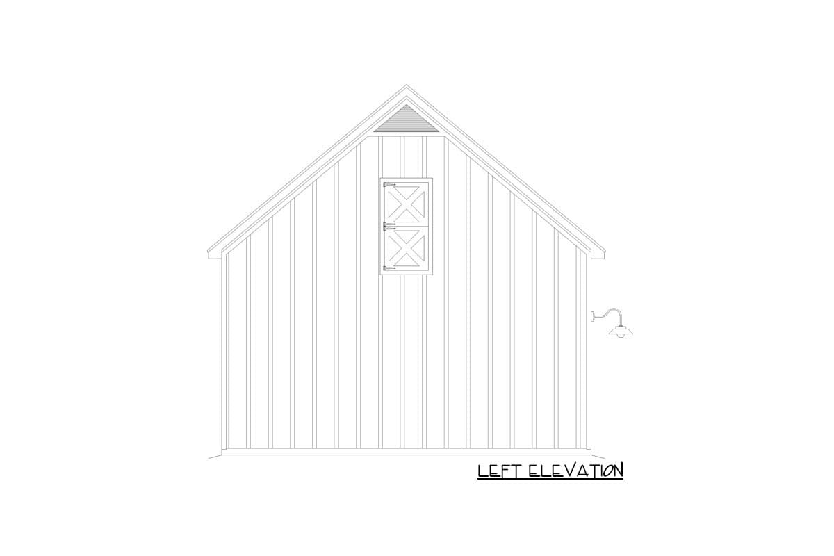 Left elevation house plan showing vertical siding, a gable vent, a double-door window, and an exterior light.