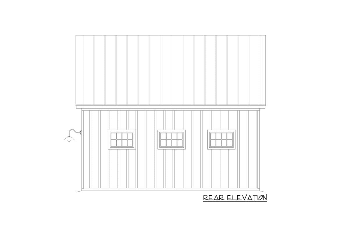 Rear elevation drawing showing vertical siding, a metal roof, three multi-pane windows, and a gooseneck barn light.