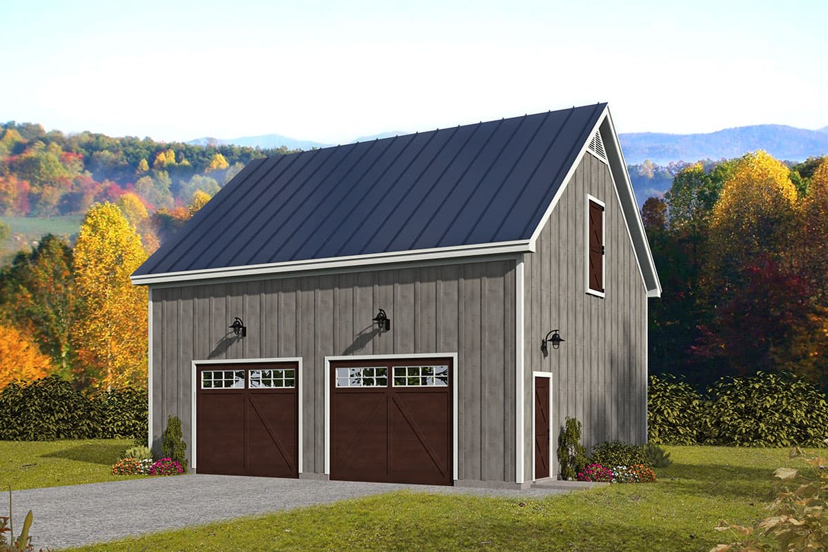 House plan exterior. Two-car garage with board-and-batten siding. Features include a metal gable roof and two garage doors with windows.