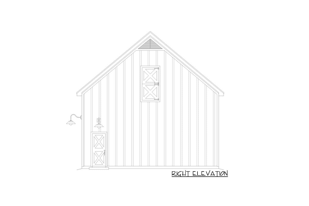 Right elevation drawing of a house with vertical siding, a gable roof, a double-door window, and a single door with a wall-mounted light.