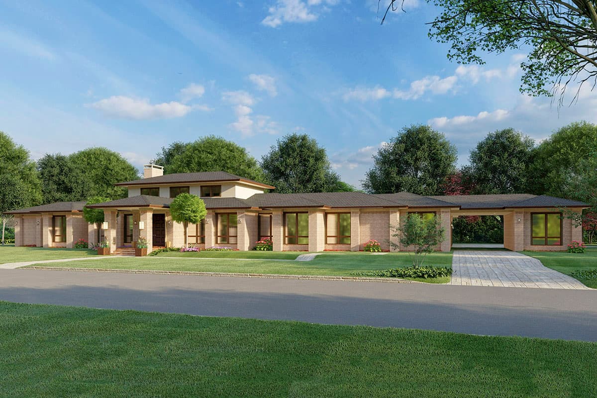 House plan exterior. Two-story, flat roof. Features include an attached carport, brick veneer, and a covered front entry.