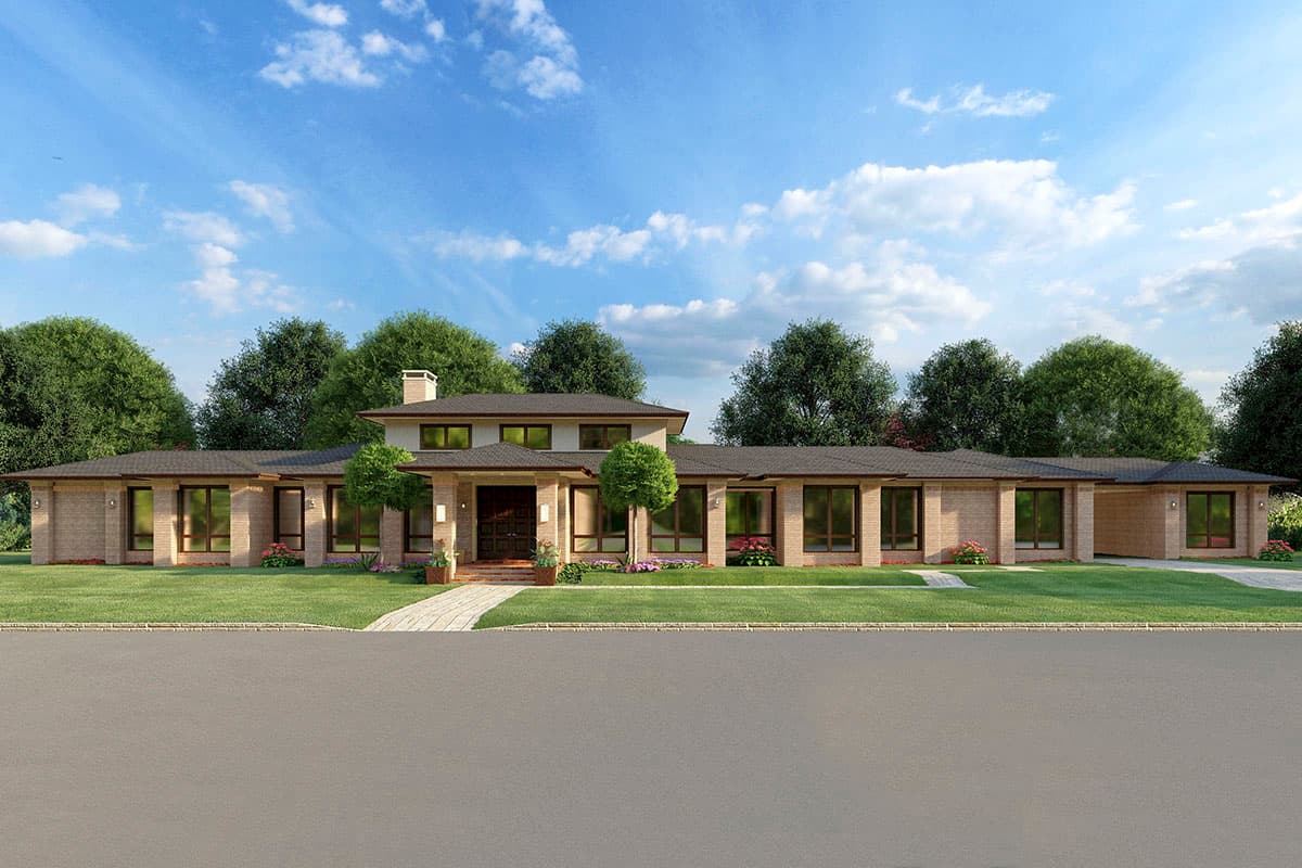 House plan exterior: Single-story modern home with brick facade, large windows, prominent entrance, and attached garage.