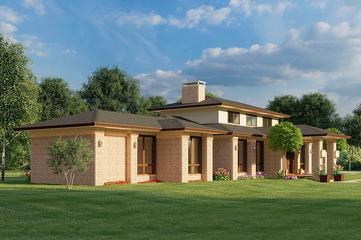 House plan exterior: Two-story Modern style with brick facade, prominent chimney, covered entry porch with columns, and multi-level rooflines.