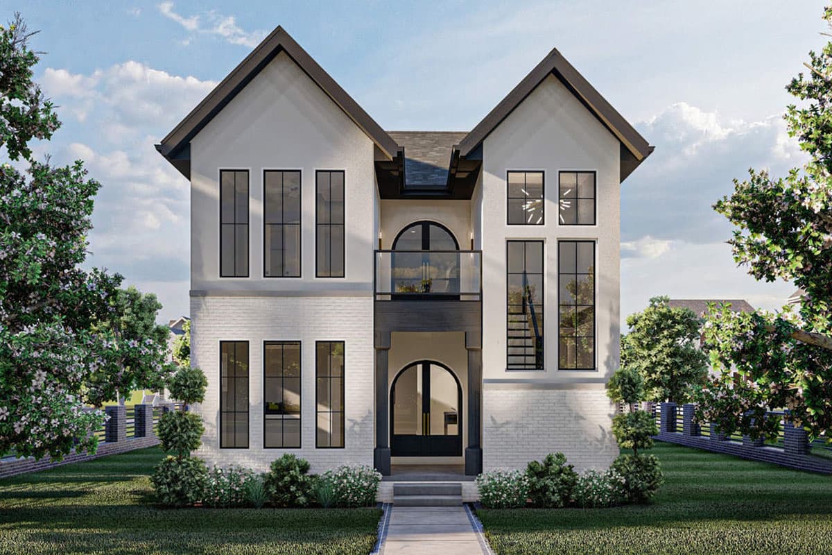 House plan exterior. Two-story Modern house with a gable roof, arched entryway, and Juliet balcony. Large, dark-framed windows throughout.