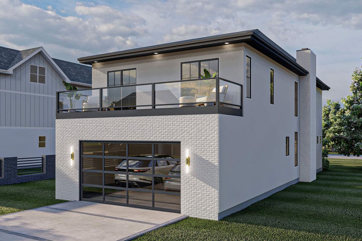 Modern house plan exterior: two stories, white brick base, upper level balcony with glass railing, and modern garage door.