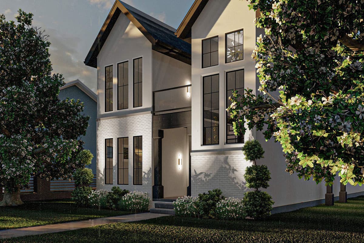 Modern two-story house plan exterior with gabled roof, white brick lower level, tall windows, and recessed entrance.