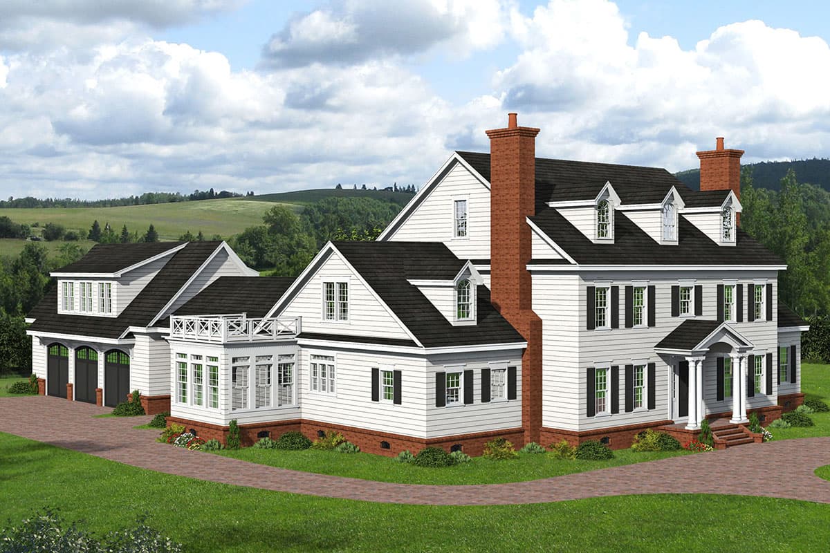 House plan exterior. Colonial style two-story home with multiple gables, dormers, a portico entrance, and a detached garage.