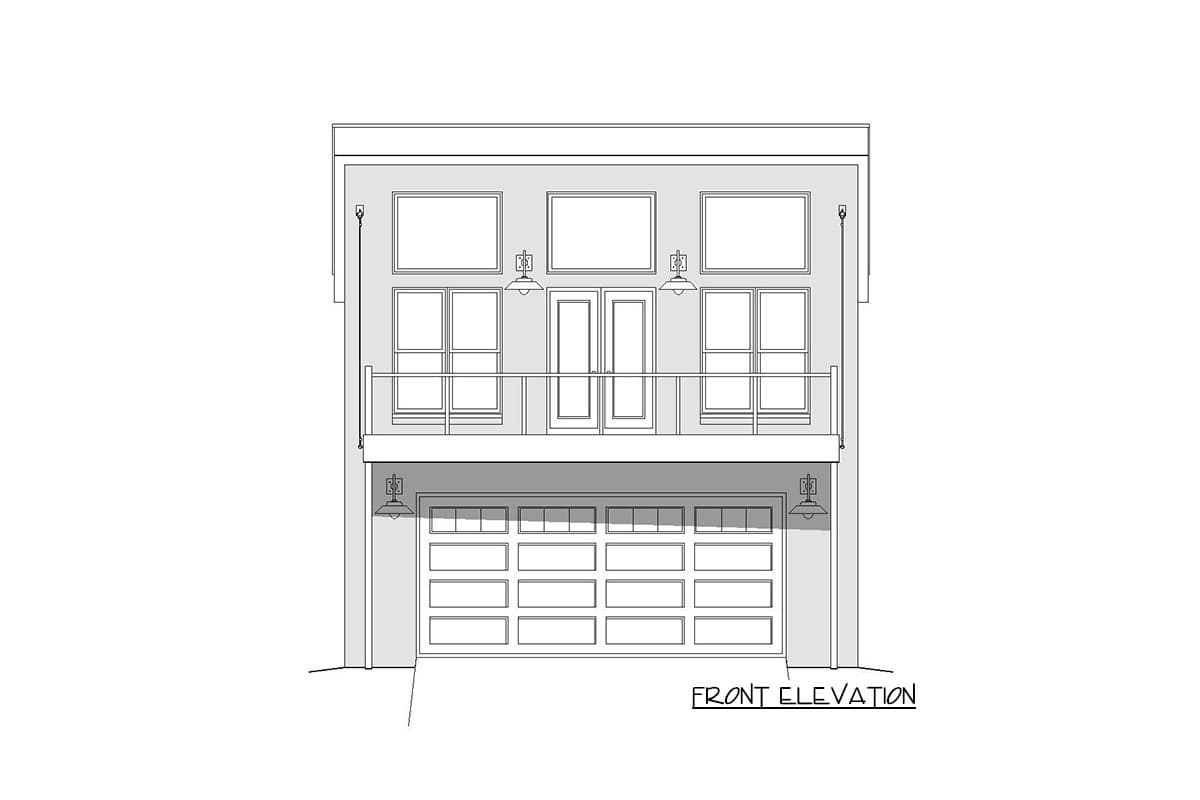 Front elevation of a house plan showing a two-story design with a two-car garage, balcony, and multiple windows.