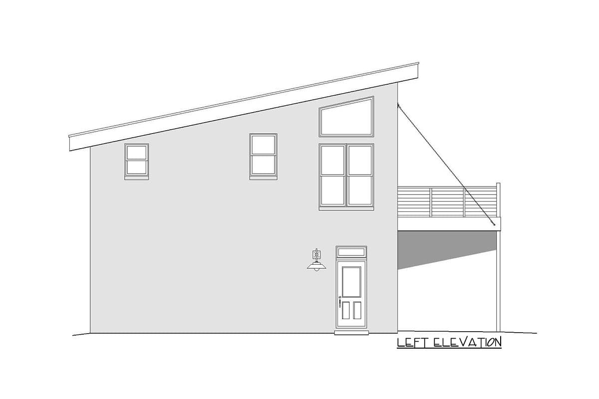 Left elevation drawing of a house plan featuring a sloped roof, a deck, and a central entryway with two windows.