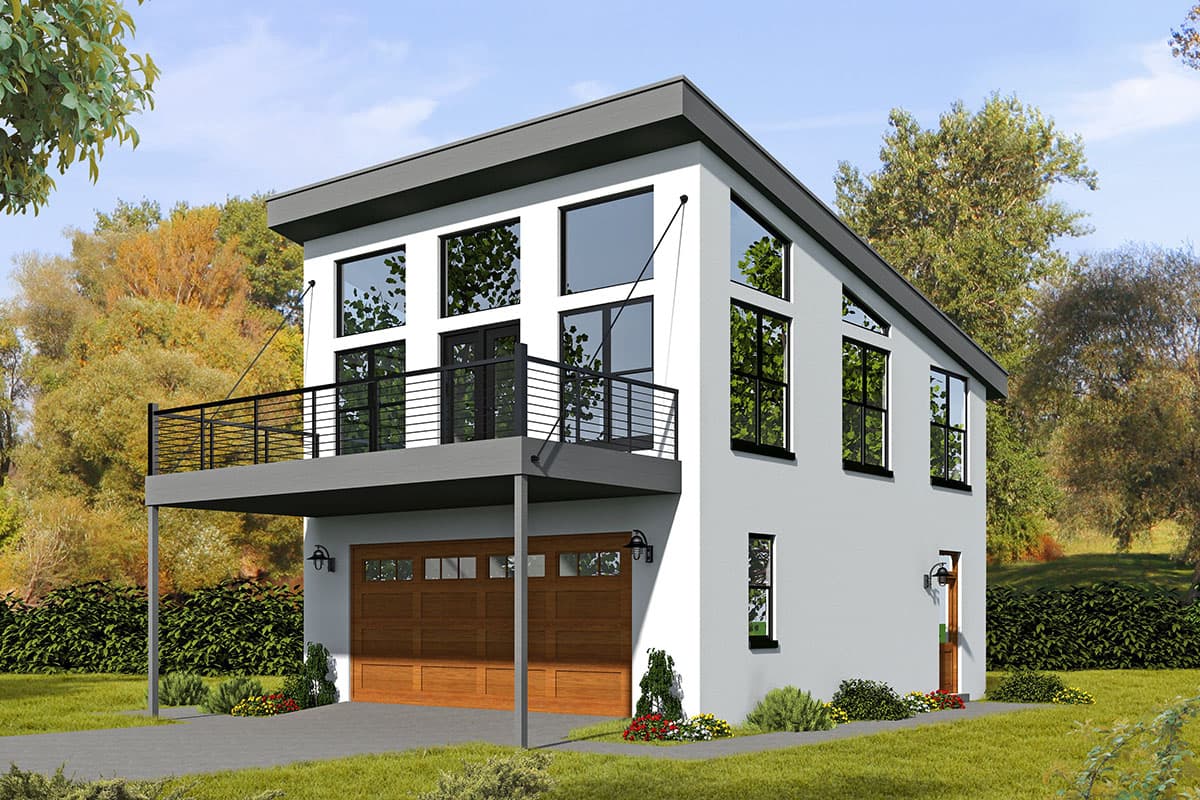 House plan exterior with modern style, two stories, balcony, flat roof, and garage below.