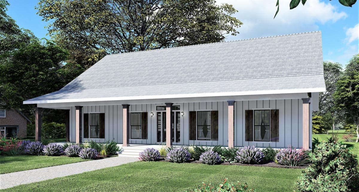 Modern Farmhouse house plan exterior with a prominent front porch supported by columns, vertical siding, and a gabled roof.