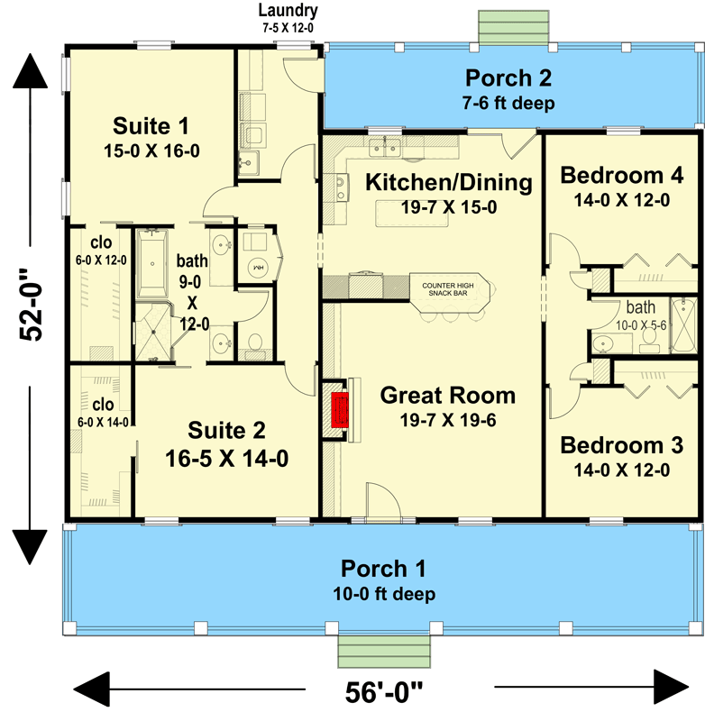 Plan 25024DH: Farmhouse Plan with Two Master Suites and Simple Gable Roof - Floor Plan - Main Level - Cottage, Country, Southern
