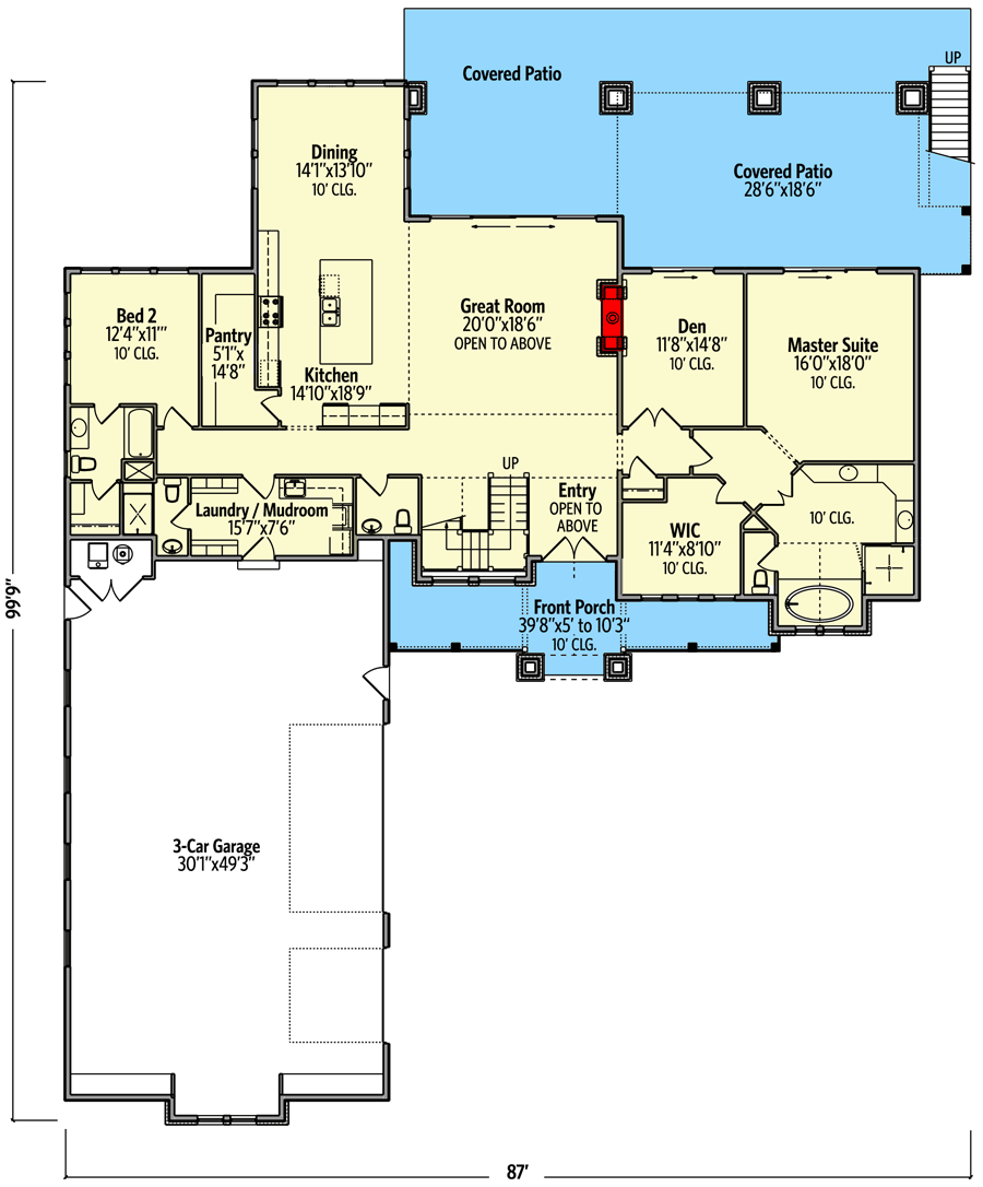 Plan 95105RW: 2-Story New American House Plan with Amazing Views to the Rear - Floor Plan - Main Level - Country, Craftsman, Modern Farmhouse, Mountain, New American, Northwest, Rustic, Traditional