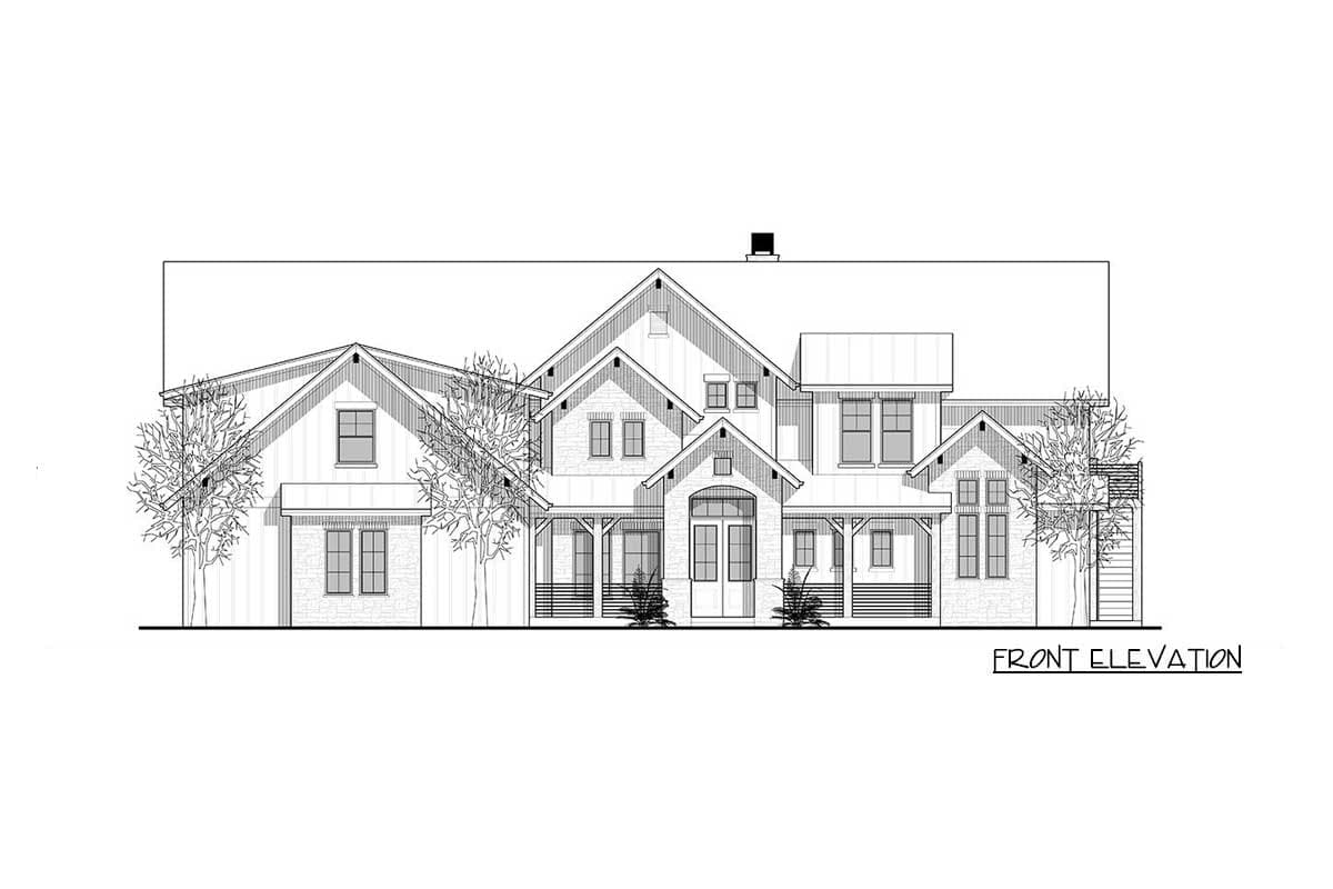 Front elevation drawing of a two-story house with gables, dormers, and a covered front porch.