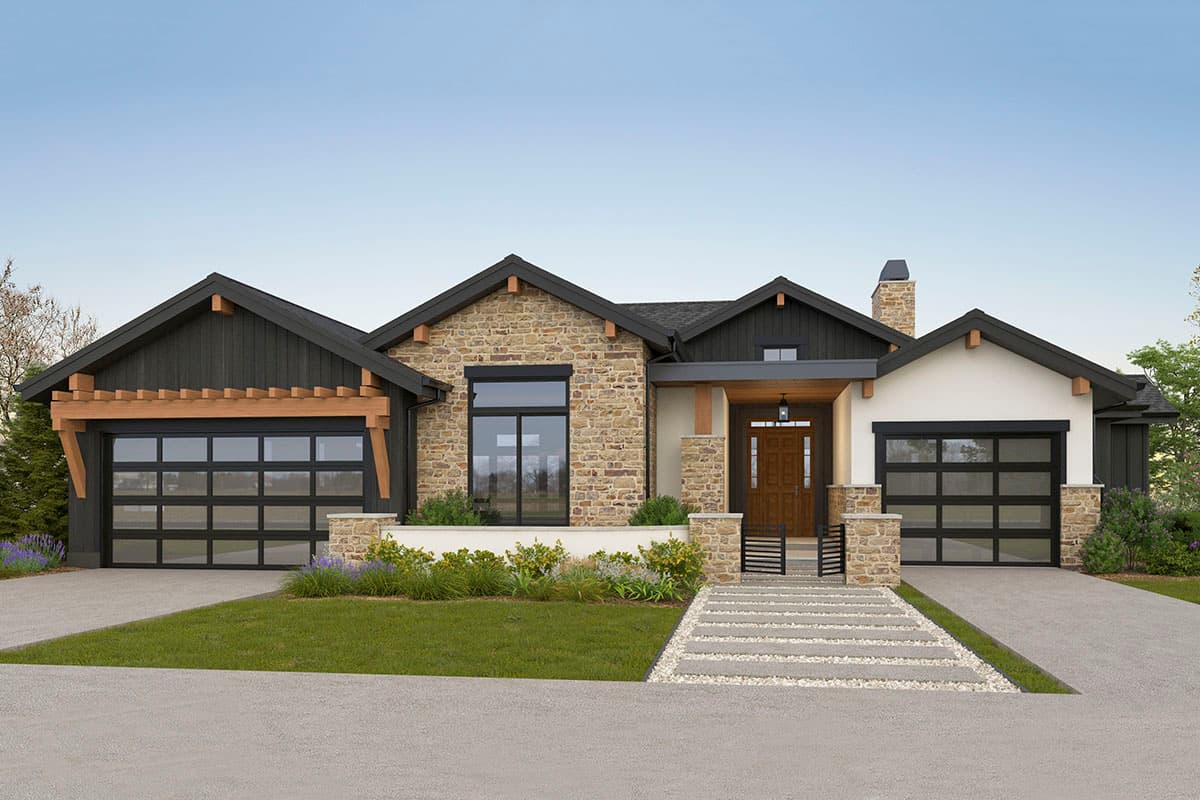 House plan exterior. Ranch style with a stone facade, gable roof, and two-car garage with glass panel doors.