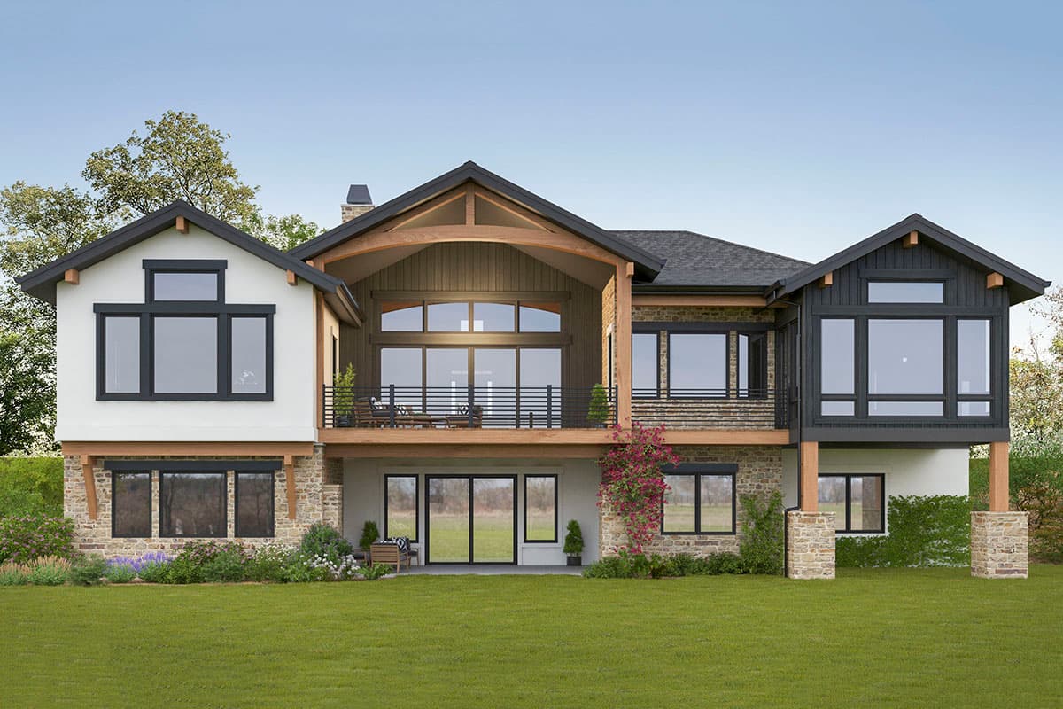 House plan exterior: Modern style, two stories, stone and stucco facade, large windows, and upper-level balcony with wood beams.