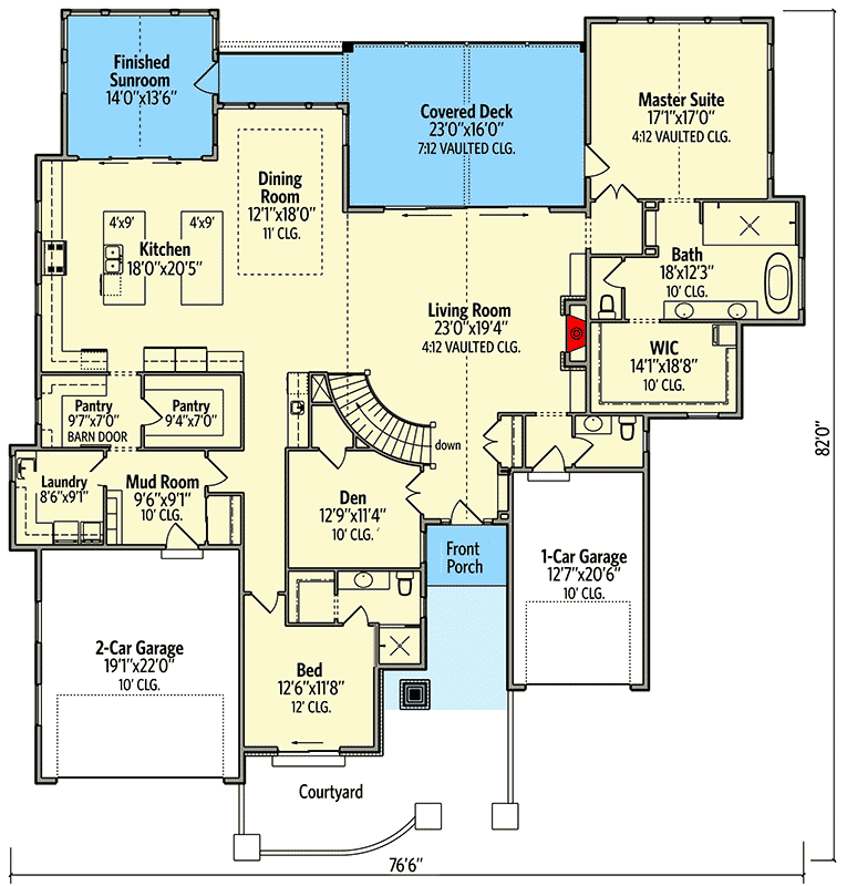 Plan 95107RW: 2-Bed Contemporary Ranch Plan with 10' Ceilings - Floor Plan - Main Level - Craftsman, Mountain, New American, Rustic