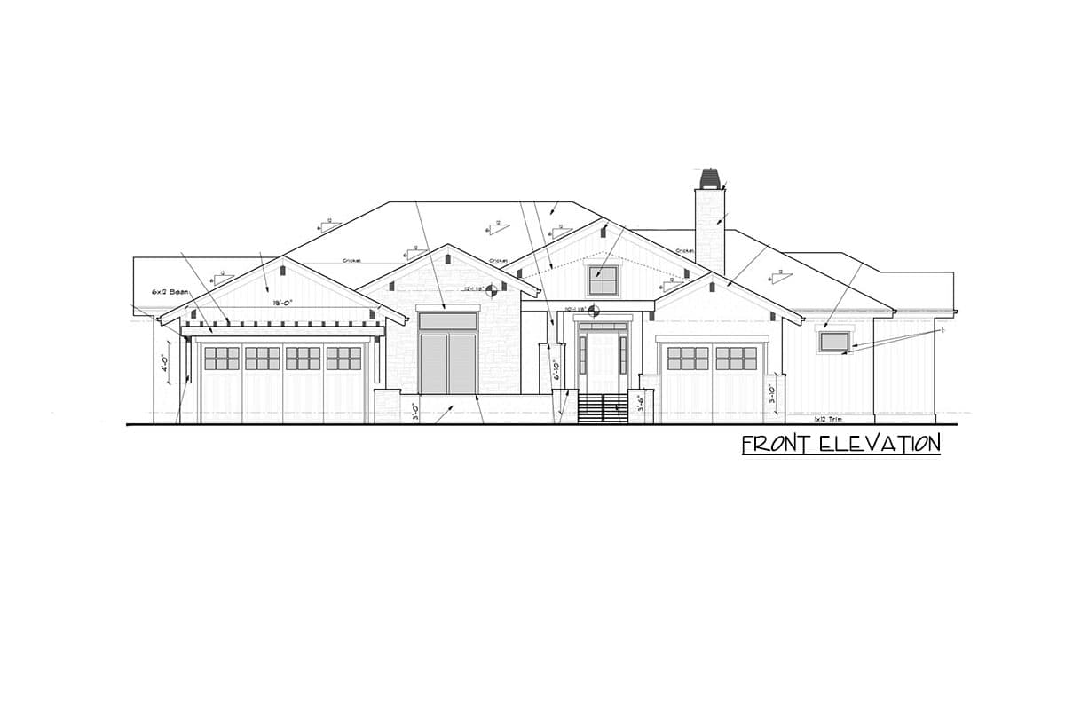 Front elevation drawing of a one-story house plan featuring a prominent gable over the entrance, two garage doors, and a stone-clad section.