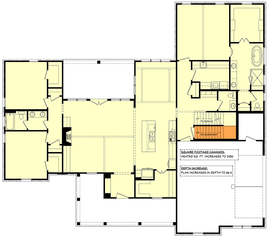Plan 51853HZ: 3-Bed Country Farmhouse Plan with Bonus Over The Garage - Floor Plan - Main Level Basement Stairs Location - Cape Cod, Cottage, Country, Farmhouse, Modern Farmhouse, New American, Southern, Traditional