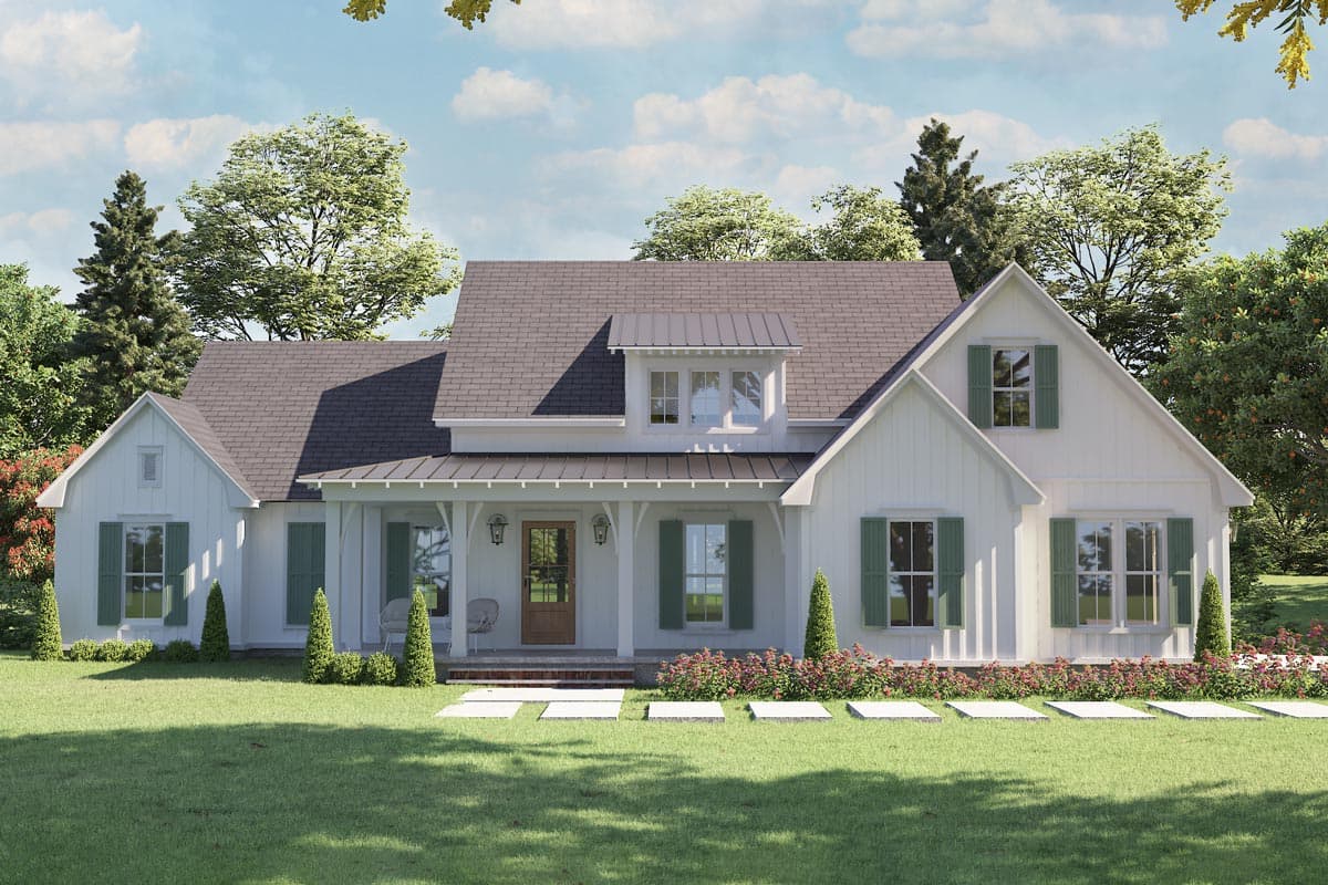 House plan exterior: Modern Farmhouse style, two stories, with a covered porch, dormer, and gabled wings.