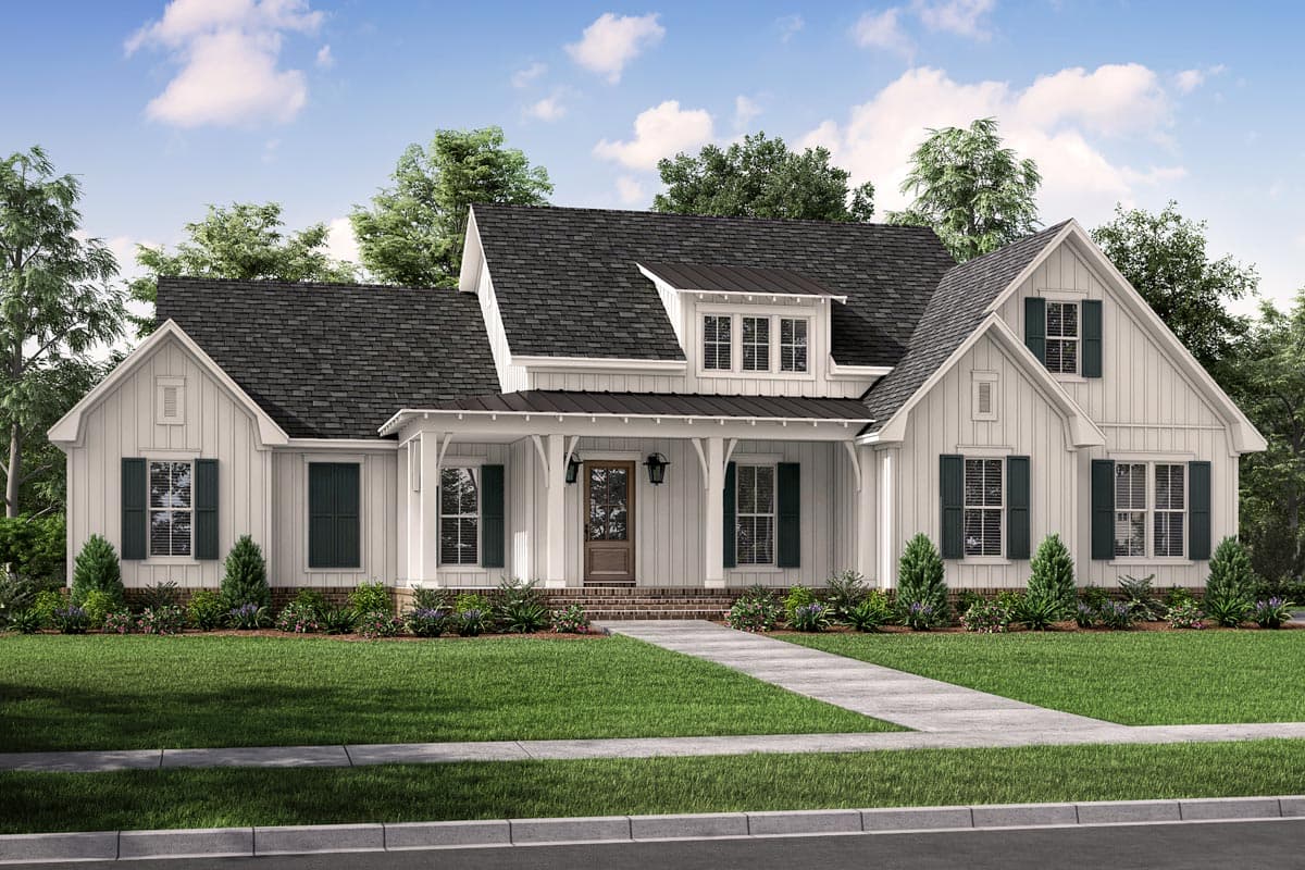 House plan exterior featuring a Farmhouse style with a front porch, gables, and dormers. The home is two stories with a dark roof.