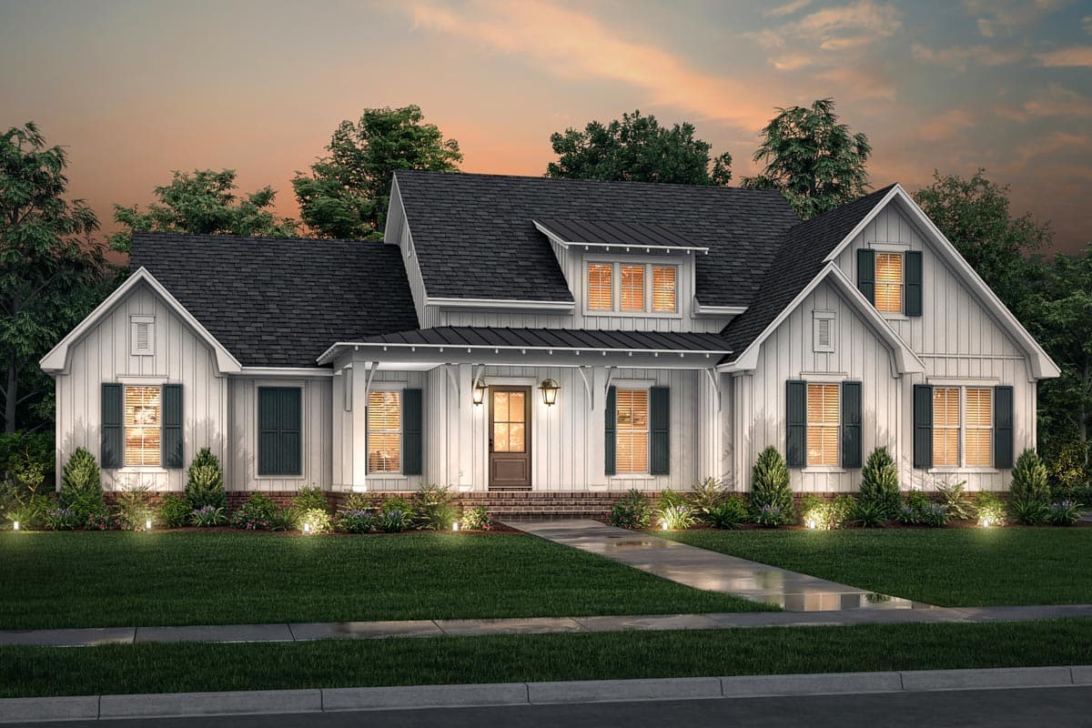 Modern Farmhouse style house plan exterior with gables, dormers, a covered porch, and board and batten siding.