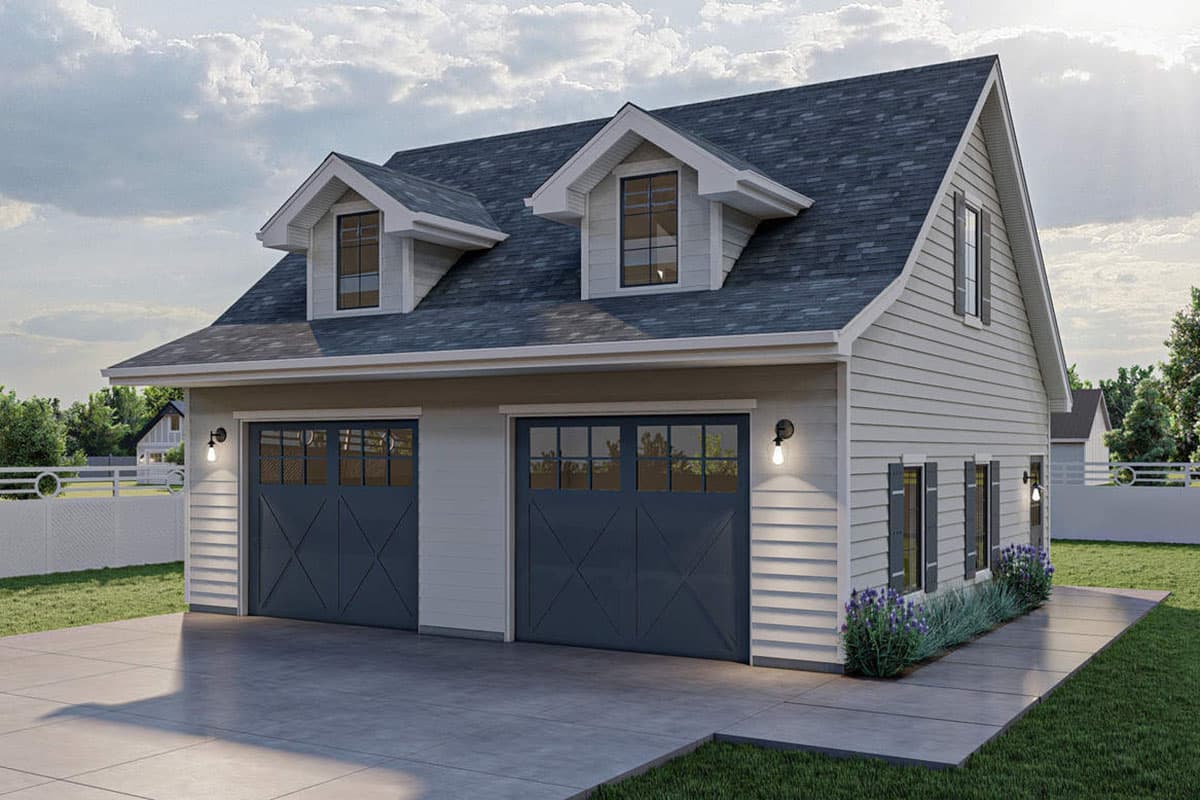 House plan exterior with two-story design. Features include gabled roof, two dormers, and two-car garage. Vertical siding is visible.