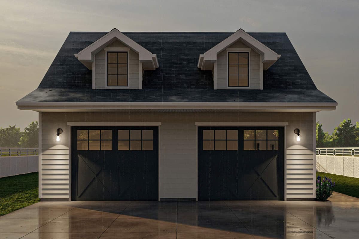House plan exterior of a two-car garage with a pitched roof, two dormers, and paneled garage doors with windows.