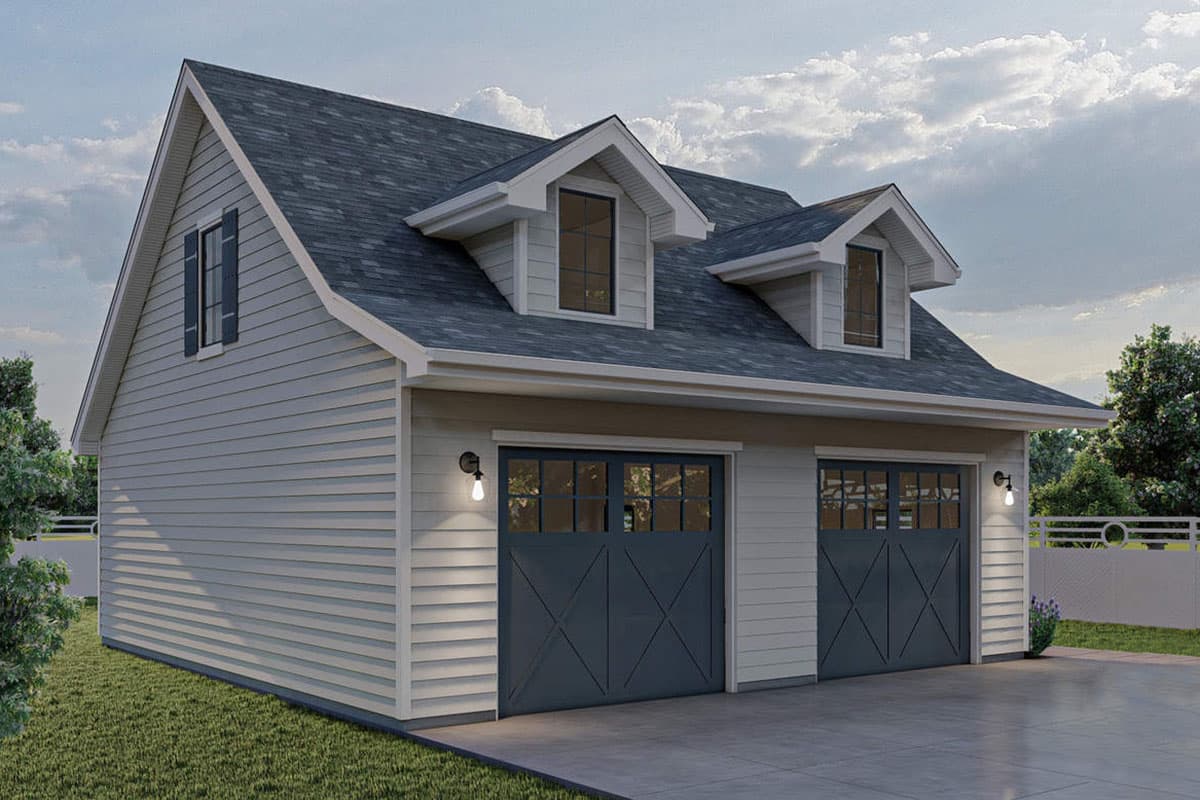 House plan exterior with two garage doors, lap siding, and two front-facing dormers.