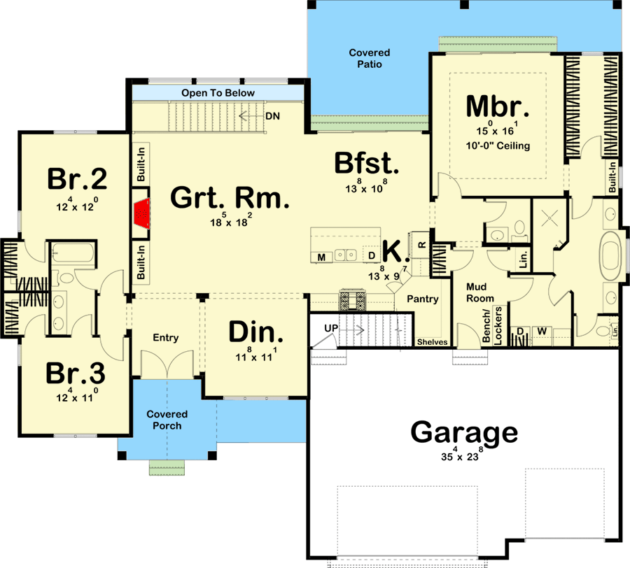 Plan 62301DJ: Split Bedroom New American Ranch Home Plan with Open Concept Core - Floor Plan - Main Level - Country, Craftsman, New American, Ranch