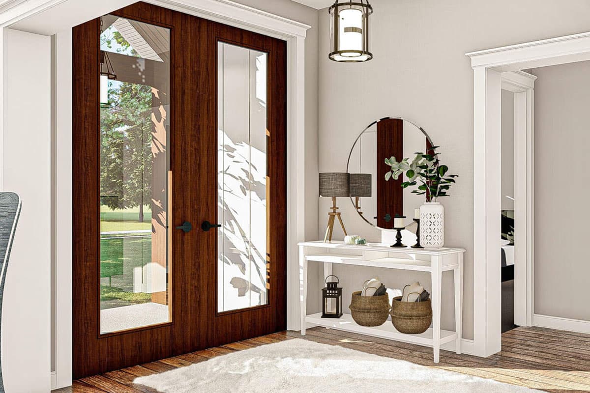 Interior rendering of double wood doors with glass panels opening to a porch, with console table and mirror.