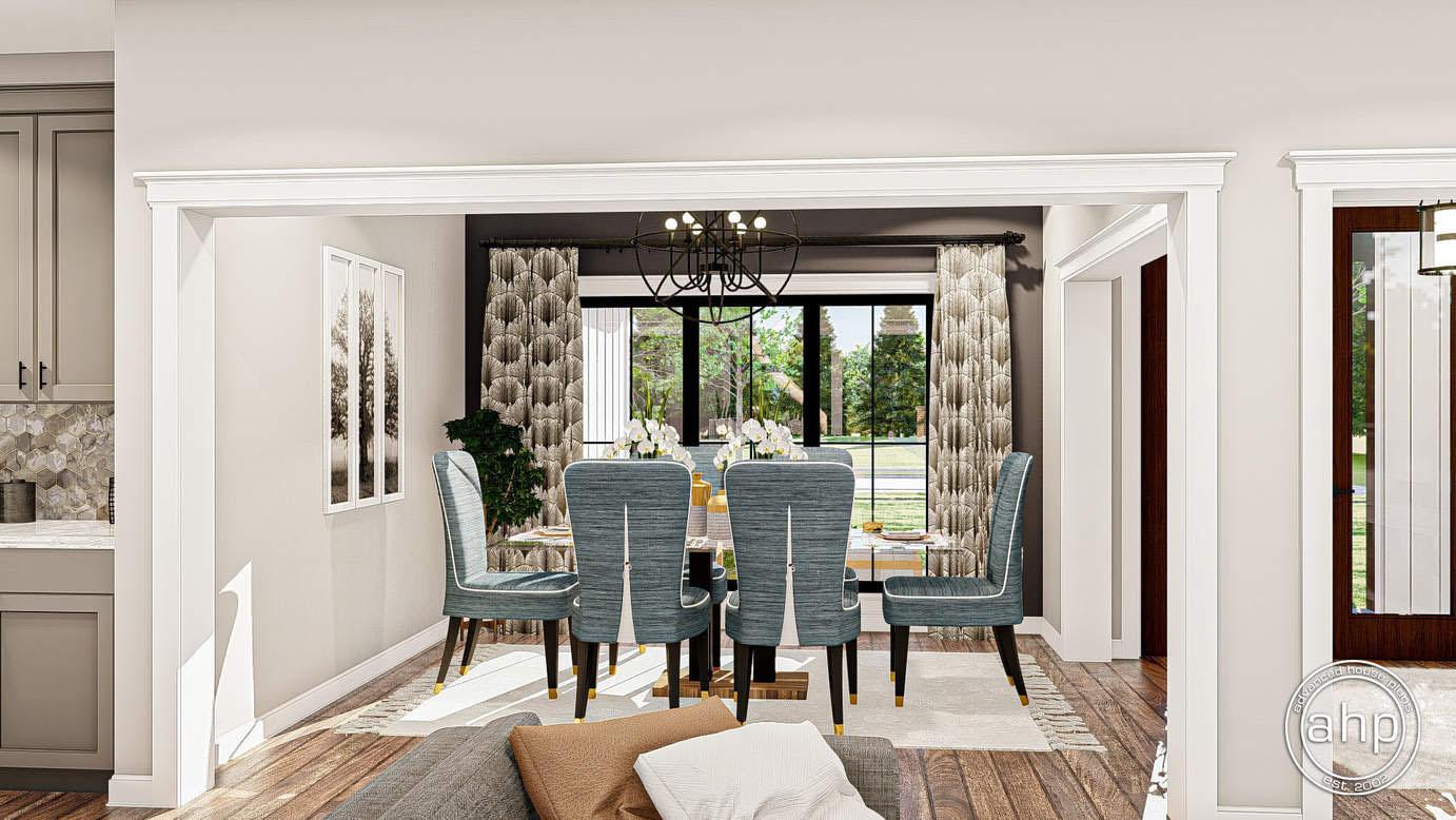 Dining room with table, chairs, modern chandelier, and patterned curtains with large windows beyond.
