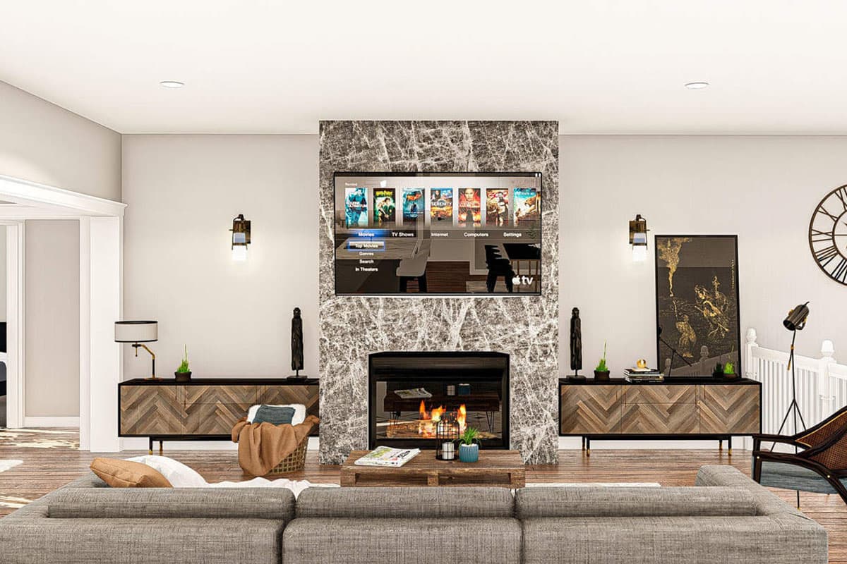Great room rendering with a marble fireplace, television, seating area, and chevron-patterned cabinetry.