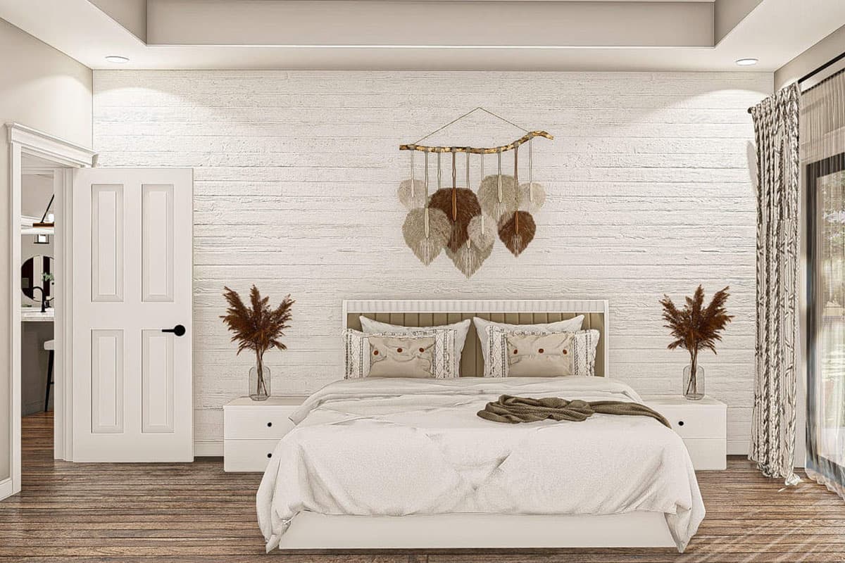 Bedroom rendering with white shiplap wall, upholstered headboard, modern nightstands, and open door revealing a counter.