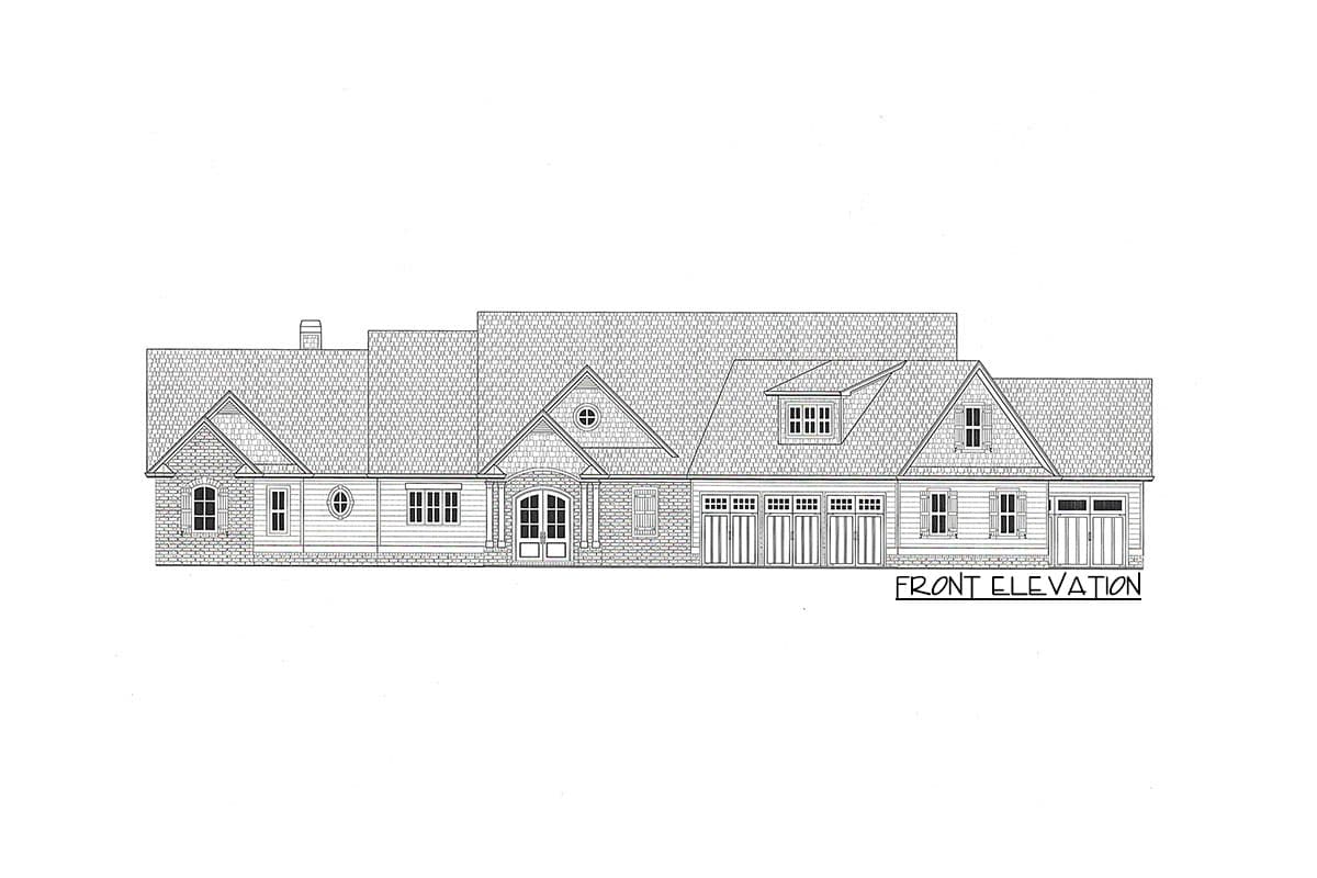 Front elevation drawing of a house plan with multiple gables, a dormer, arched double doors, and a five-car garage.