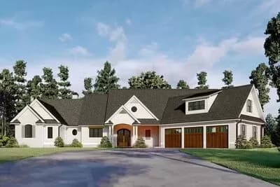 Two-story Country House Plan with Home Office and Angled Garage