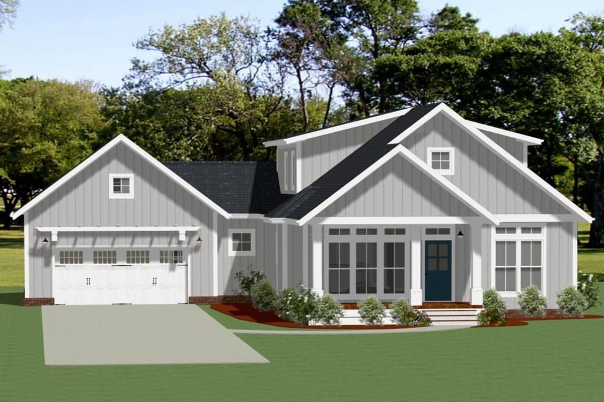 House plan exterior. Two-story, Modern Farmhouse style with gabled rooflines, dormers, a front porch, and an attached garage.