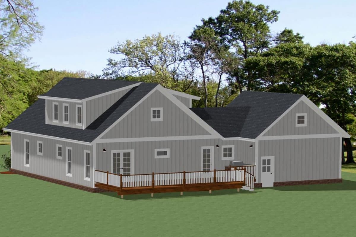 House plan exterior rendering of a two-story Modern Farmhouse with a wraparound deck and dormer windows.