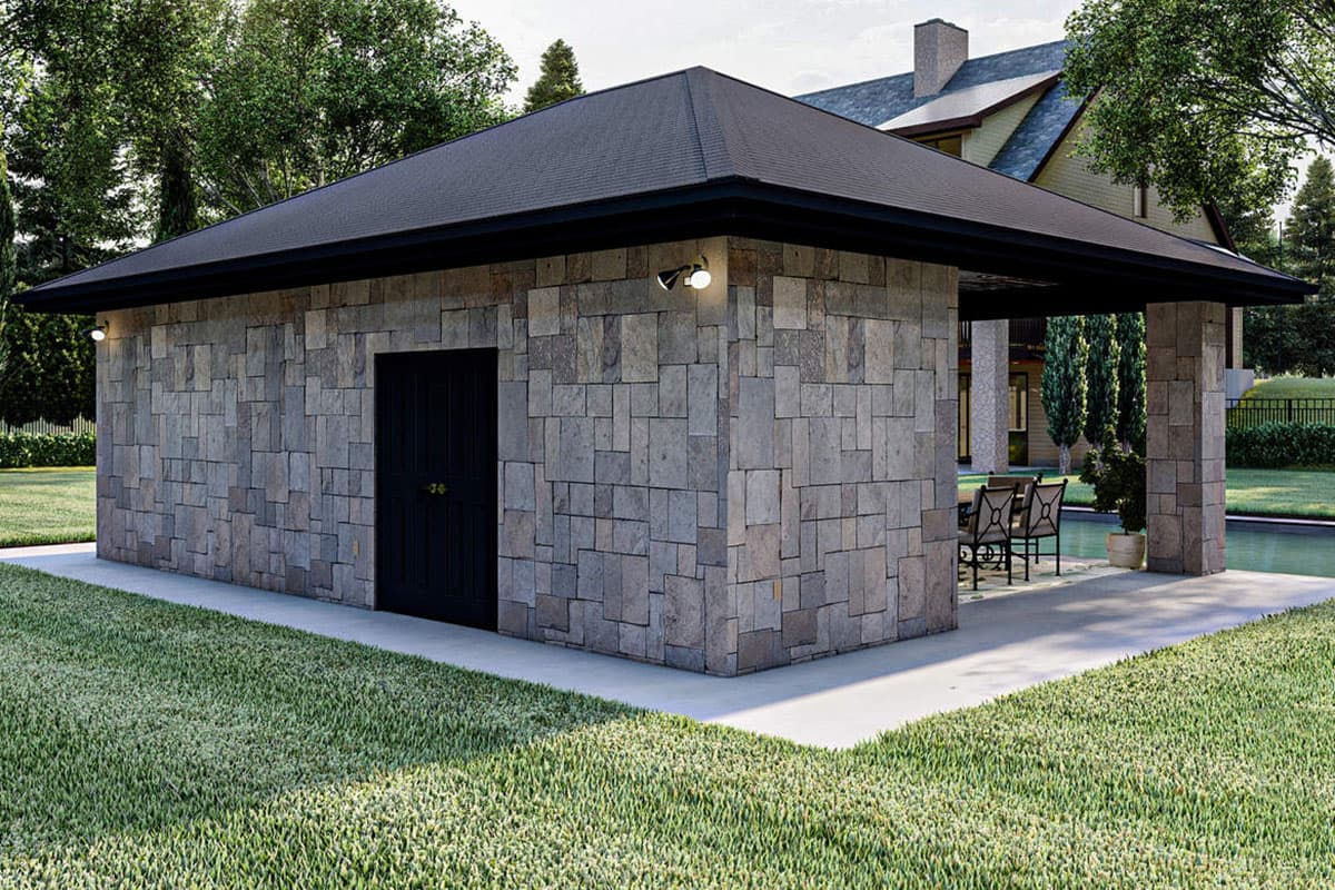 Plan 62303DJ: Poolhouse with Firepit, Fountains and 3-Side Access - Image #4