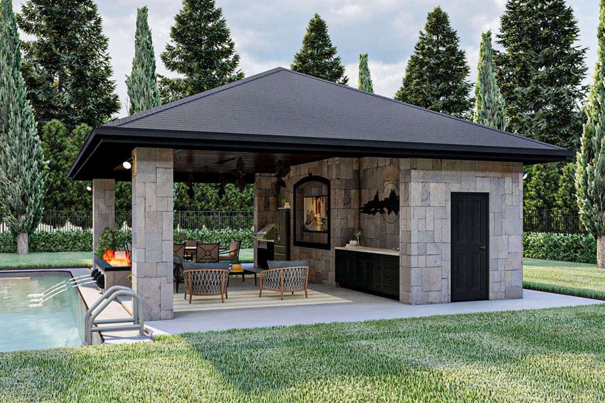 Plan 62303DJ: Poolhouse with Firepit, Fountains and 3-Side Access - Image #5