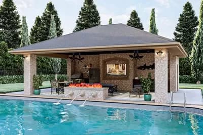 Poolhouse with Firepit, Fountains and 3-Side Access