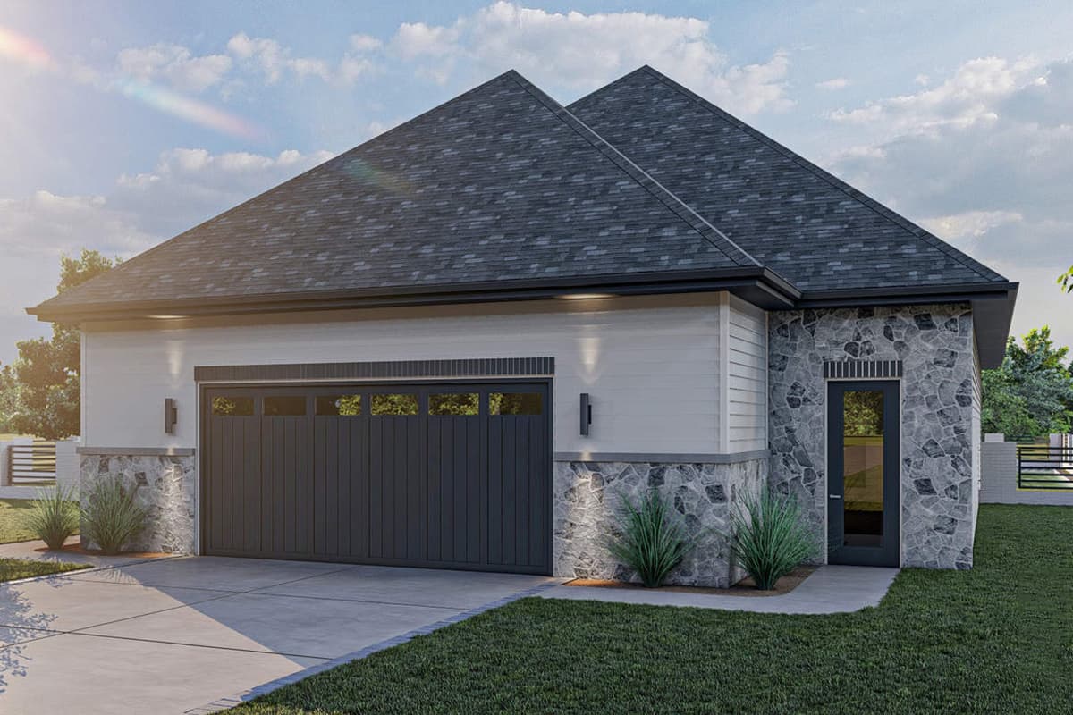 House plan exterior with a two-car garage, stone and siding facade, and gable roof.