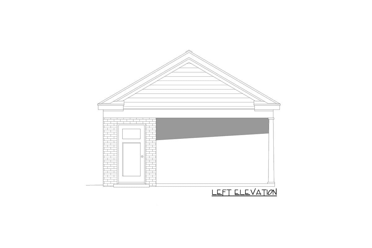 Left elevation drawing of a house plan with brick siding, a door, and a garage opening.