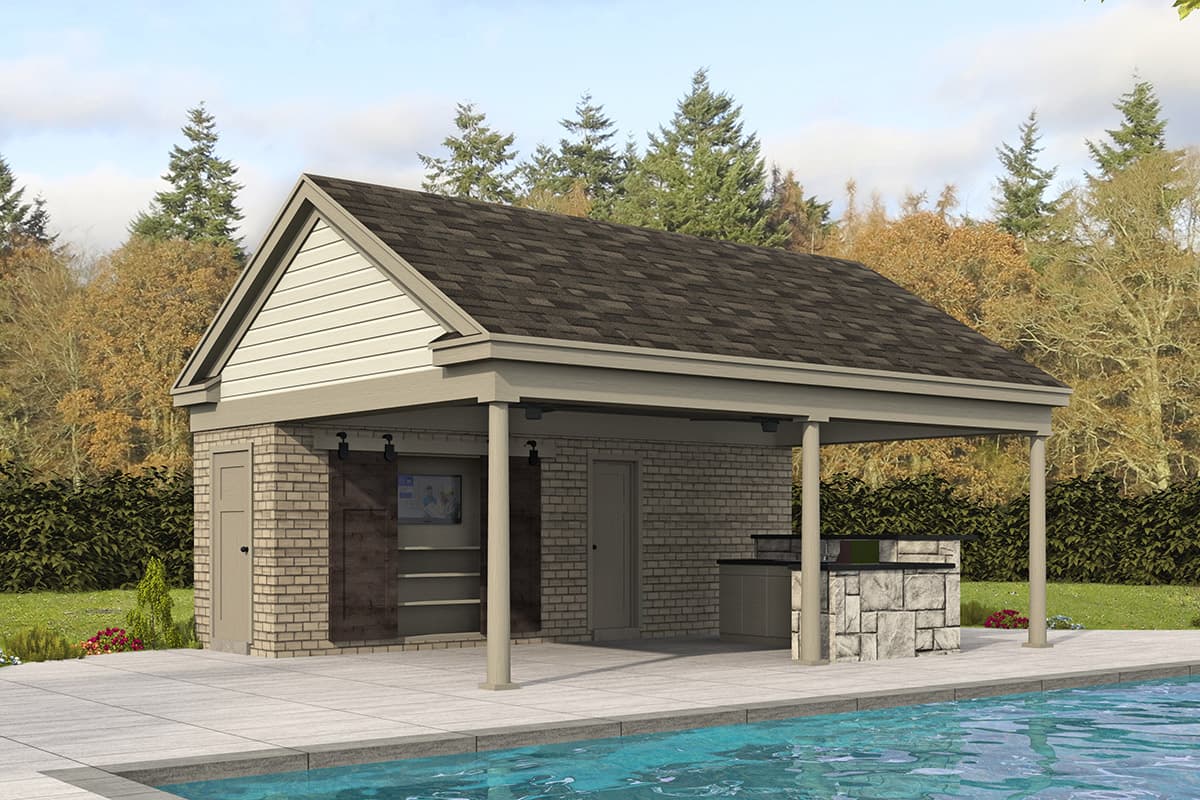 House plan exterior. Features include a gable roof, brick and shingle siding, and a covered patio with an outdoor kitchen next to a pool.
